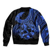 Polynesia Sleeve Zip Bomber Jacket Fish Hook Tattoo Go Fishing Polynesian Pattern Blue - Wonder Print Shop