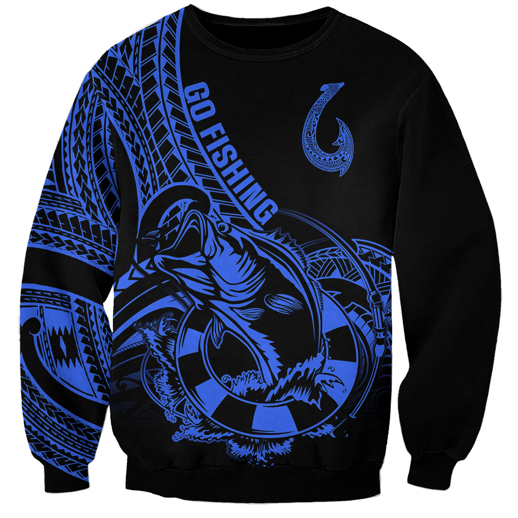 Polynesia Sweatshirt Fish Hook Tattoo Go Fishing Polynesian Pattern Blue - Wonder Print Shop
