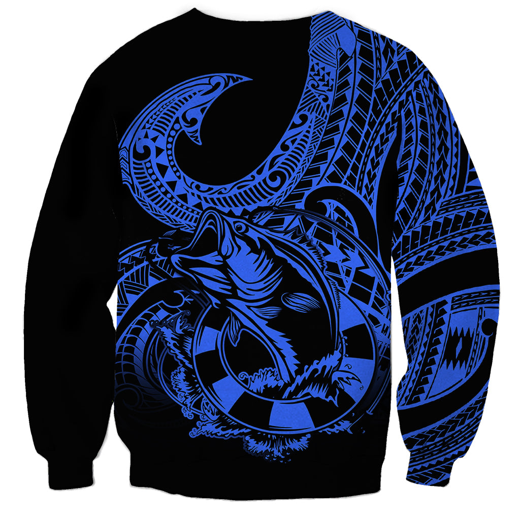 Polynesia Sweatshirt Fish Hook Tattoo Go Fishing Polynesian Pattern Blue - Wonder Print Shop