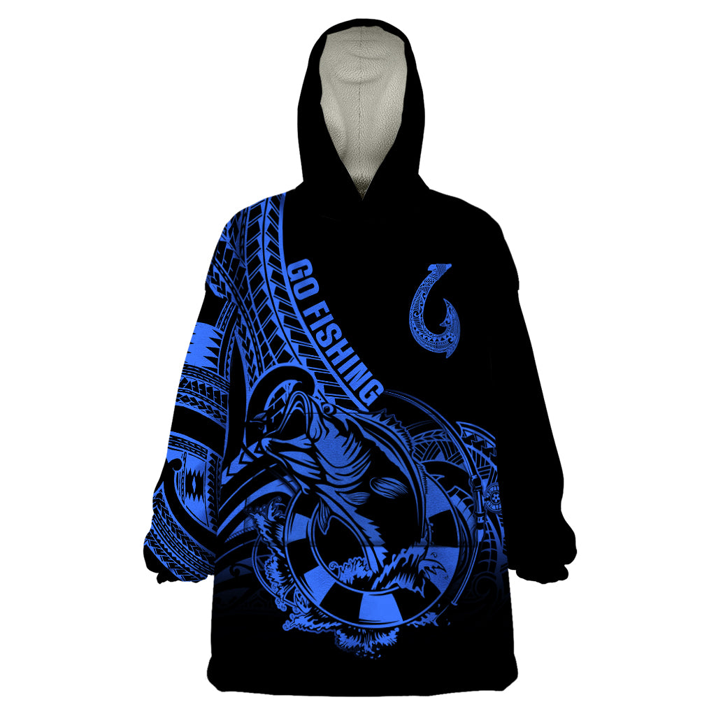 Polynesia Wearable Blanket Hoodie Fish Hook Tattoo Go Fishing Polynesian Pattern Blue - Wonder Print Shop
