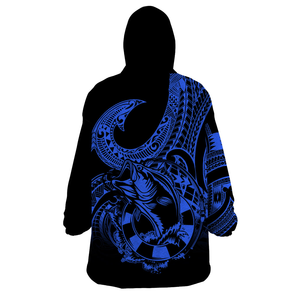 Polynesia Wearable Blanket Hoodie Fish Hook Tattoo Go Fishing Polynesian Pattern Blue - Wonder Print Shop