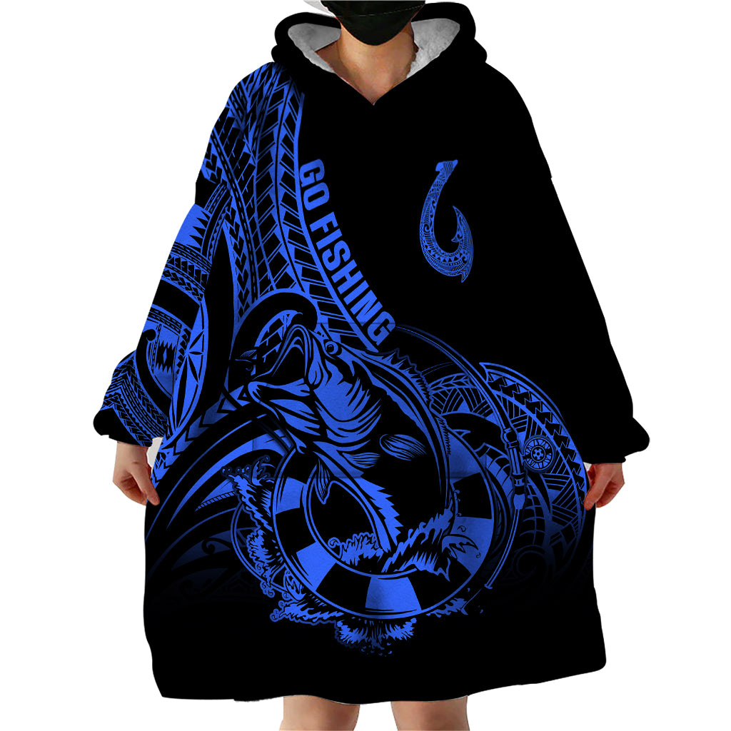 Polynesia Wearable Blanket Hoodie Fish Hook Tattoo Go Fishing Polynesian Pattern Blue - Wonder Print Shop