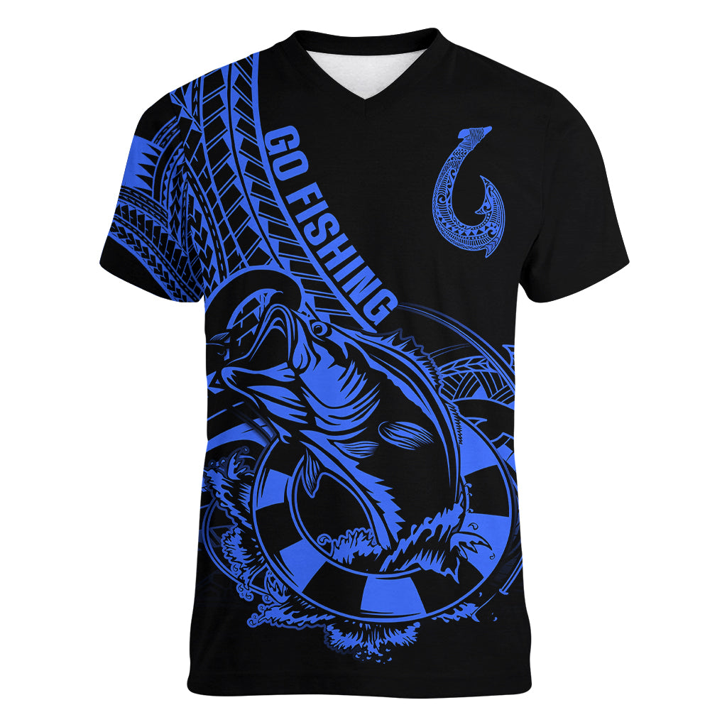 Polynesia Women V Neck T Shirt Fish Hook Tattoo Go Fishing Polynesian Pattern Blue - Wonder Print Shop