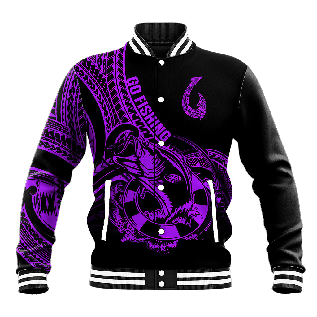 Polynesia Baseball Jacket Fish Hook Tattoo Go Fishing Polynesian Pattern Purple - Wonder Print Shop
