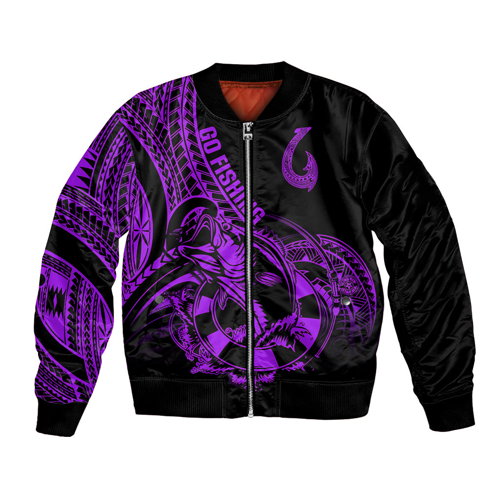 Polynesia Bomber Jacket Fish Hook Tattoo Go Fishing Polynesian Pattern Purple - Wonder Print Shop