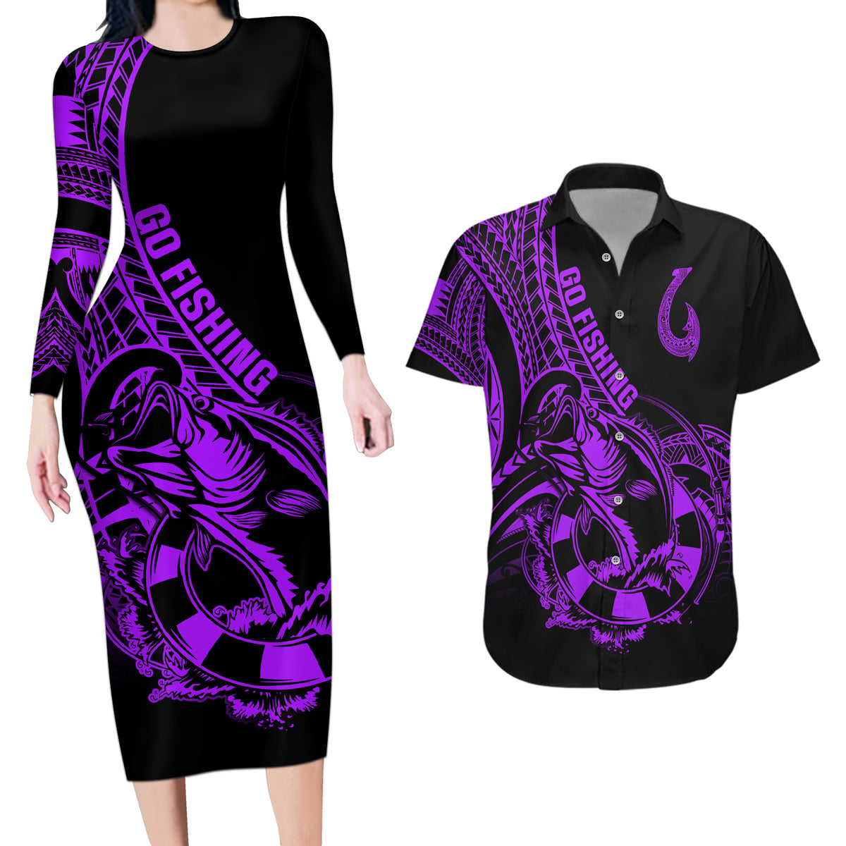 Polynesia Couples Matching Long Sleeve Bodycon Dress and Hawaiian Shirt Fish Hook Tattoo Go Fishing Polynesian Pattern Purple - Wonder Print Shop