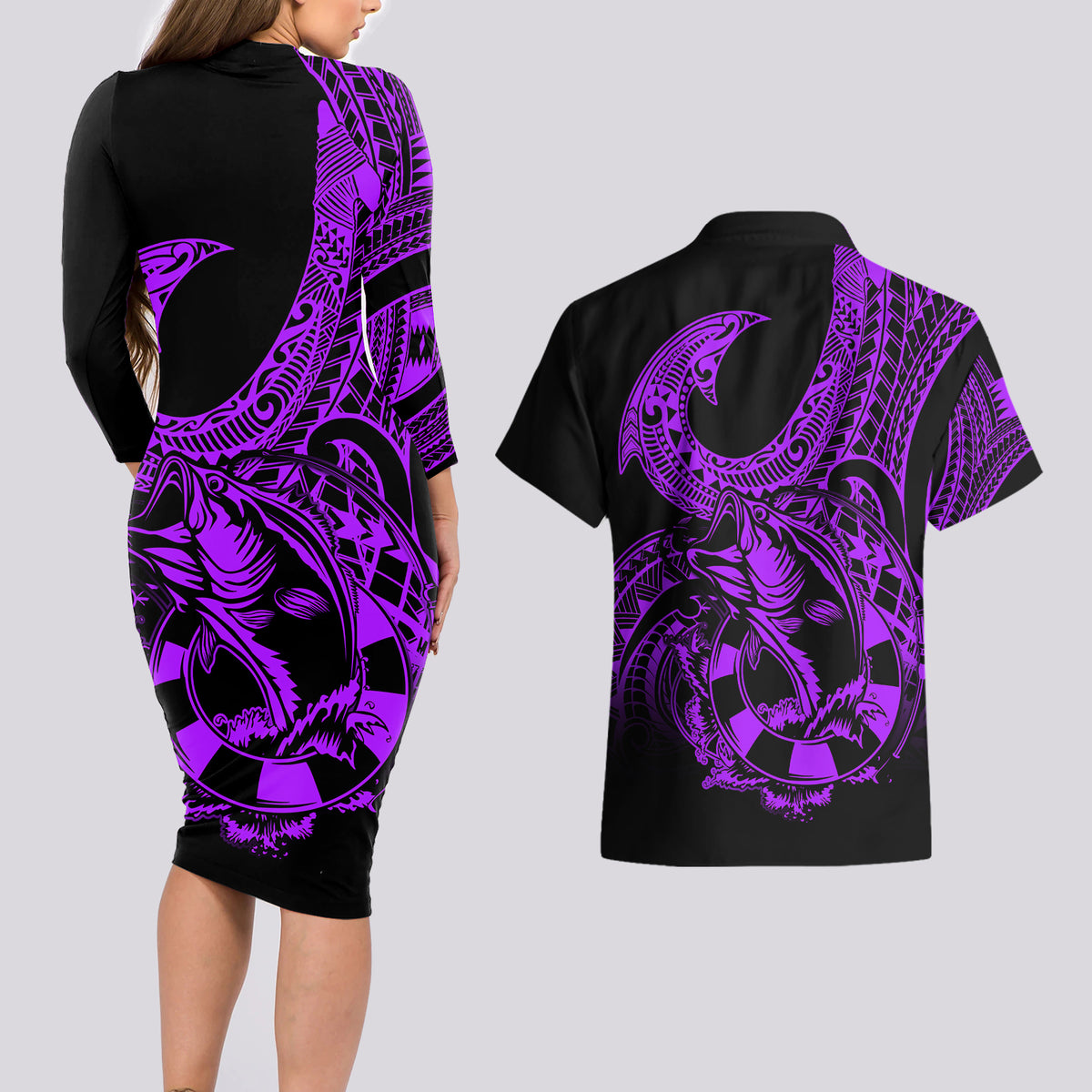 Polynesia Couples Matching Long Sleeve Bodycon Dress and Hawaiian Shirt Fish Hook Tattoo Go Fishing Polynesian Pattern Purple - Wonder Print Shop