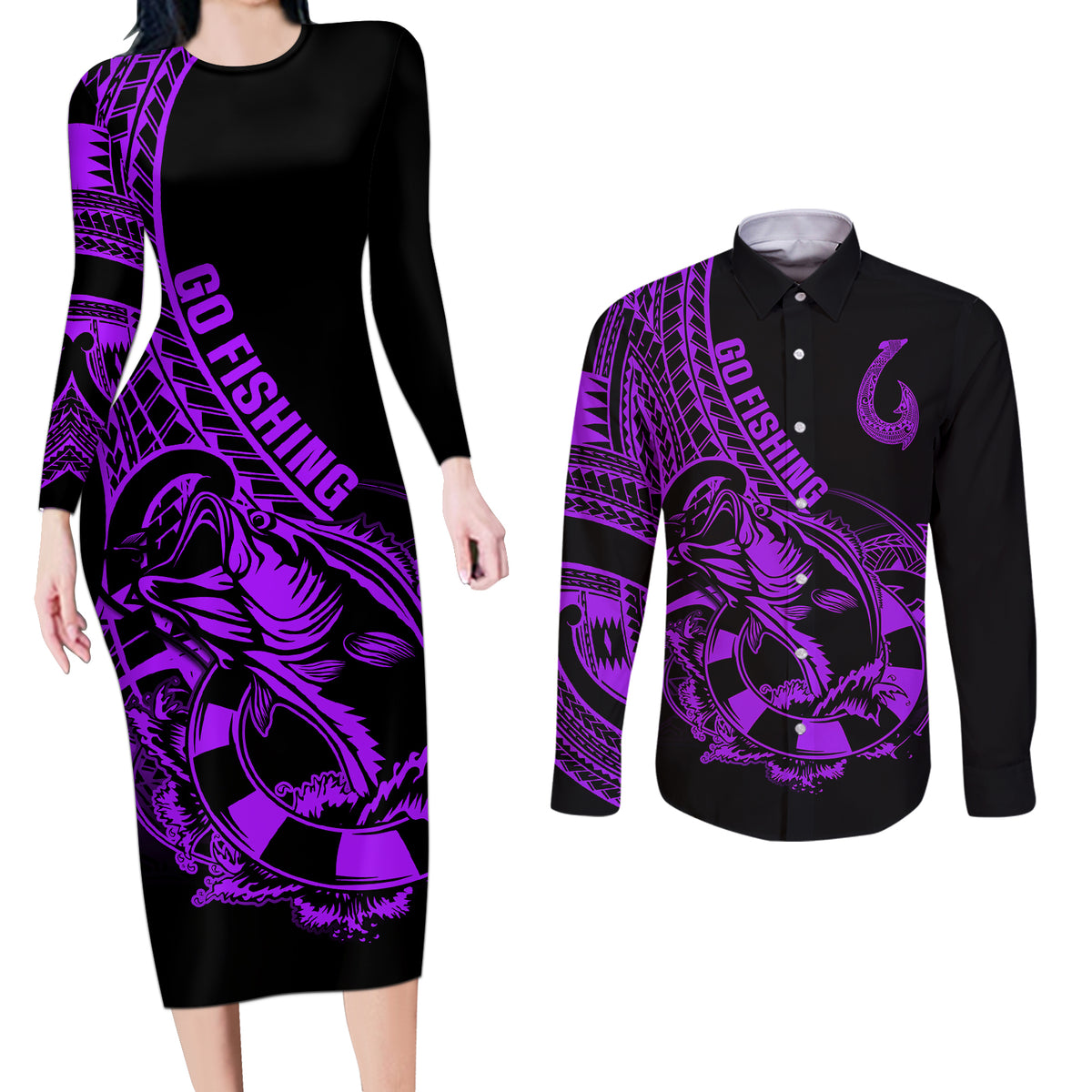Polynesia Couples Matching Long Sleeve Bodycon Dress and Long Sleeve Button Shirts Fish Hook Tattoo Go Fishing Polynesian Pattern Purple - Wonder Print Shop