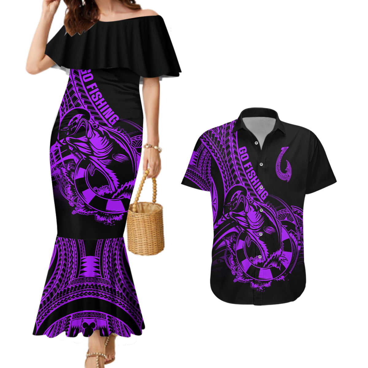 Polynesia Couples Matching Mermaid Dress and Hawaiian Shirt Fish Hook Tattoo Go Fishing Polynesian Pattern Purple - Wonder Print Shop
