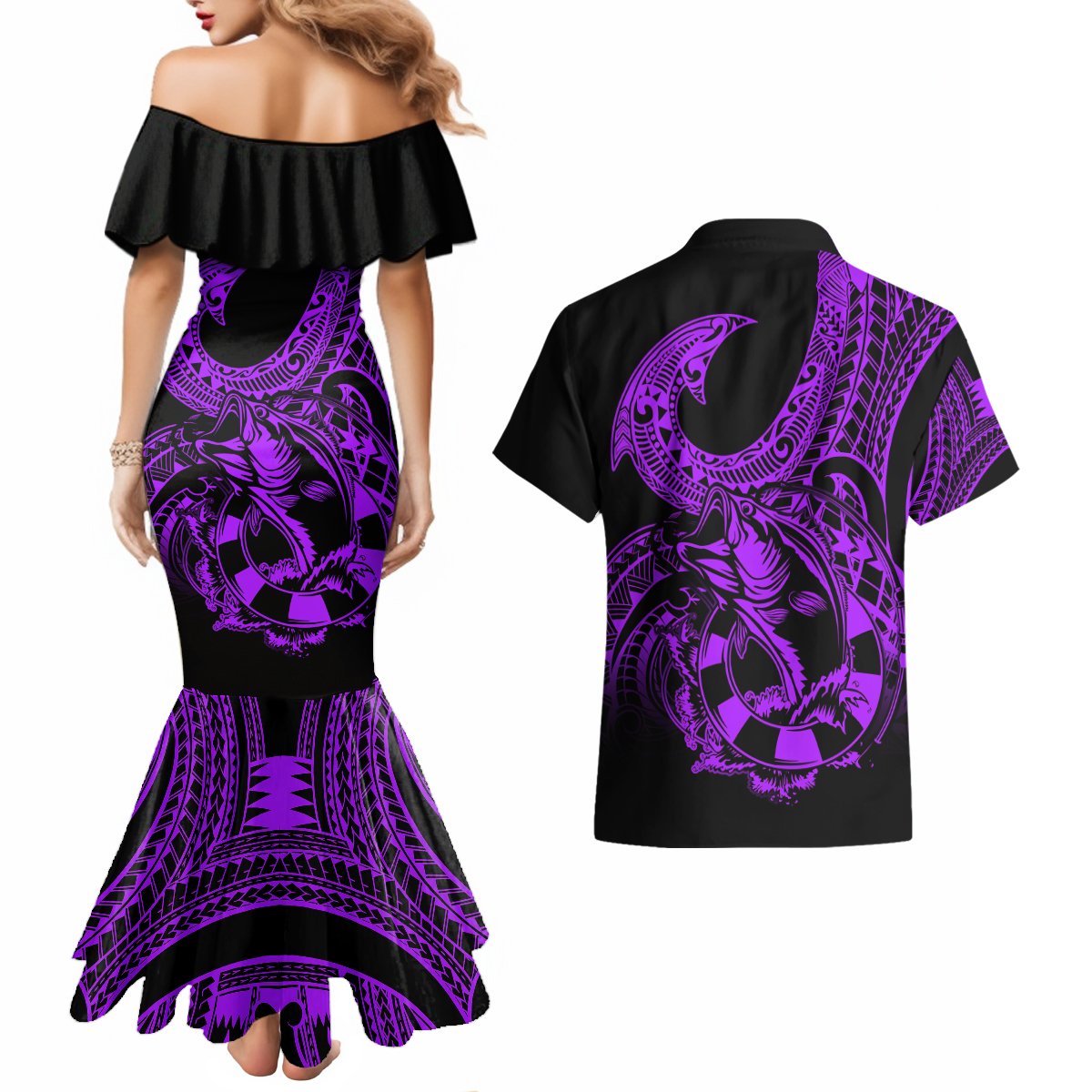 Polynesia Couples Matching Mermaid Dress and Hawaiian Shirt Fish Hook Tattoo Go Fishing Polynesian Pattern Purple - Wonder Print Shop