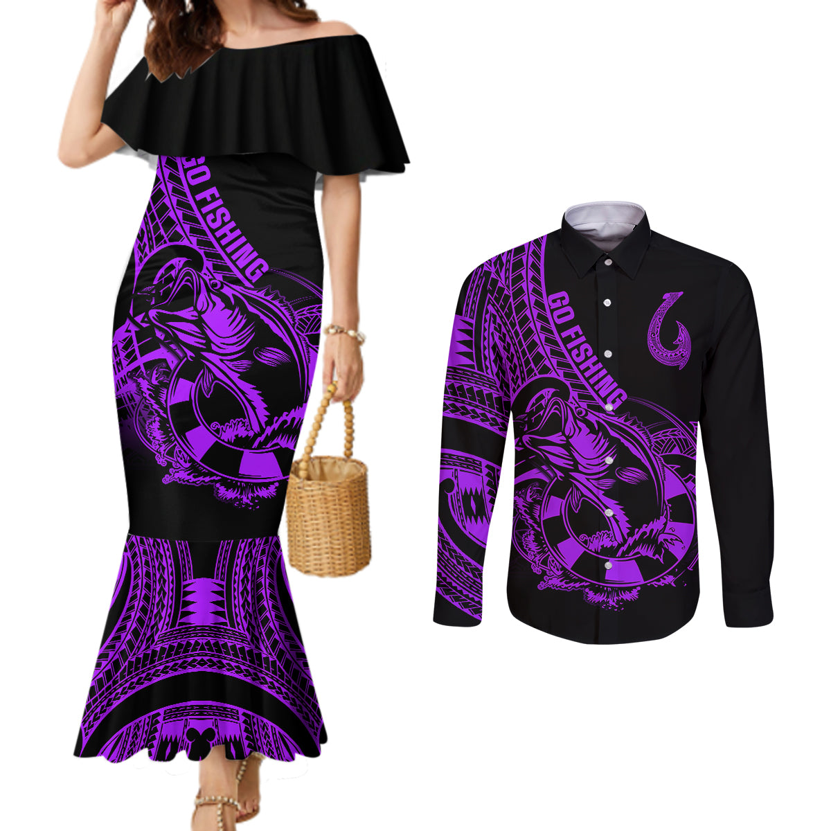 polynesia-couples-matching-mermaid-dress-and-long-sleeve-button-shirts-fish-hook-tattoo-go-fishing-polynesian-pattern-purple