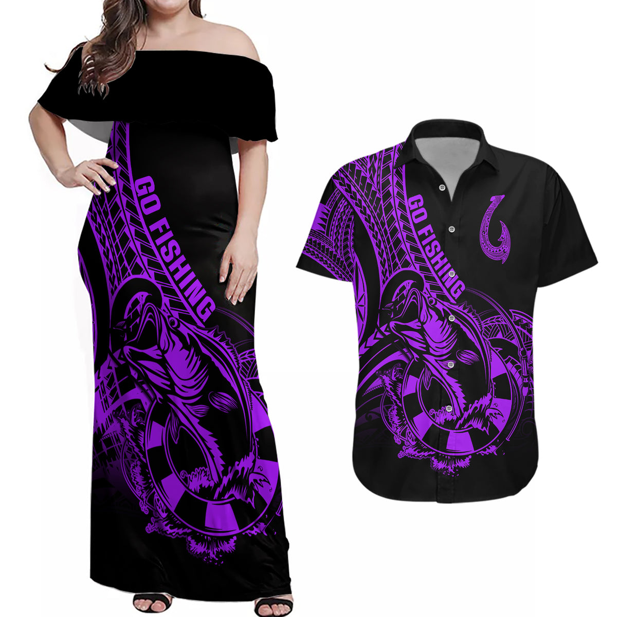 Polynesia Couples Matching Off Shoulder Maxi Dress and Hawaiian Shirt Fish Hook Tattoo Go Fishing Polynesian Pattern Purple - Wonder Print Shop
