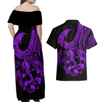 Polynesia Couples Matching Off Shoulder Maxi Dress and Hawaiian Shirt Fish Hook Tattoo Go Fishing Polynesian Pattern Purple - Wonder Print Shop