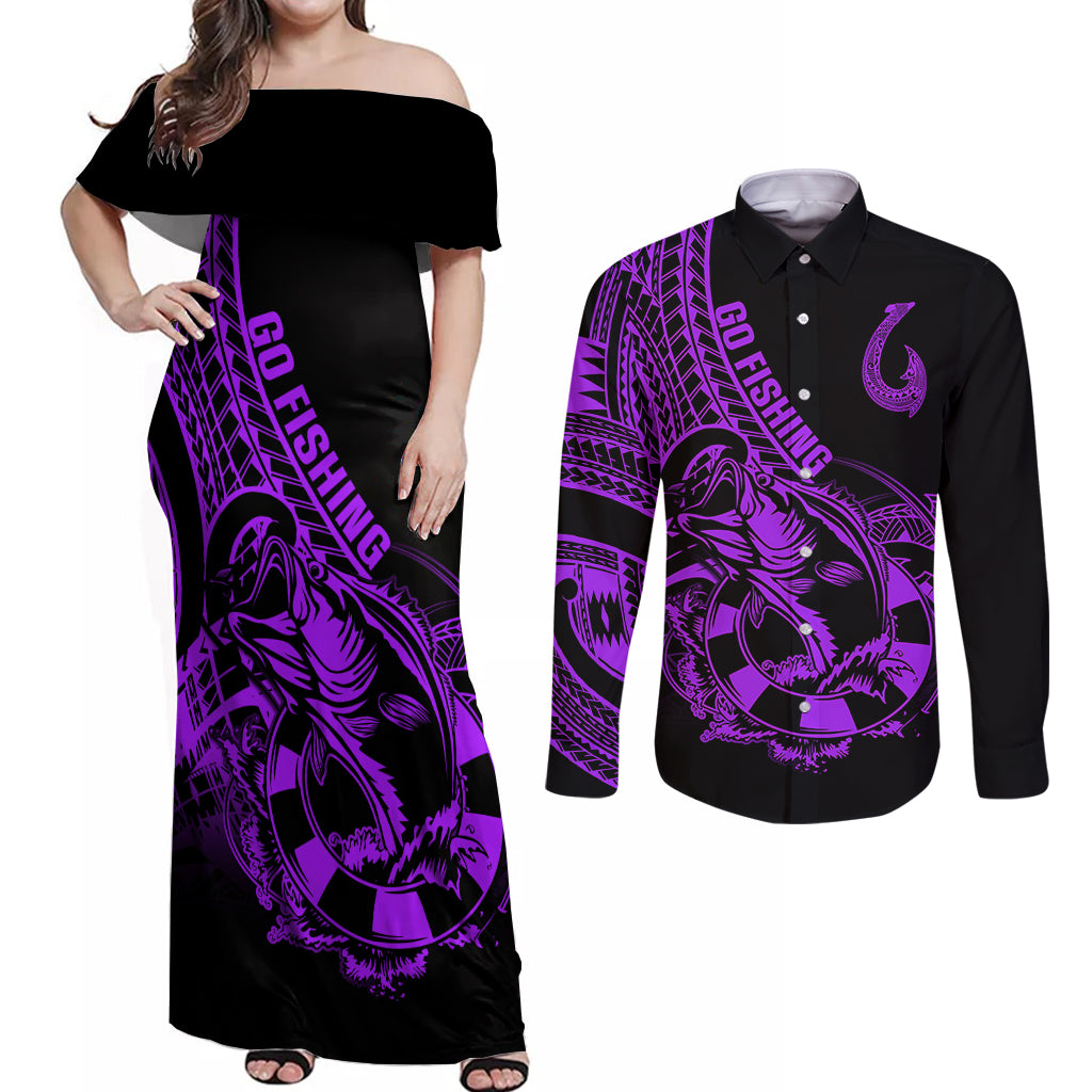 Polynesia Couples Matching Off Shoulder Maxi Dress and Long Sleeve Button Shirts Fish Hook Tattoo Go Fishing Polynesian Pattern Purple - Wonder Print Shop