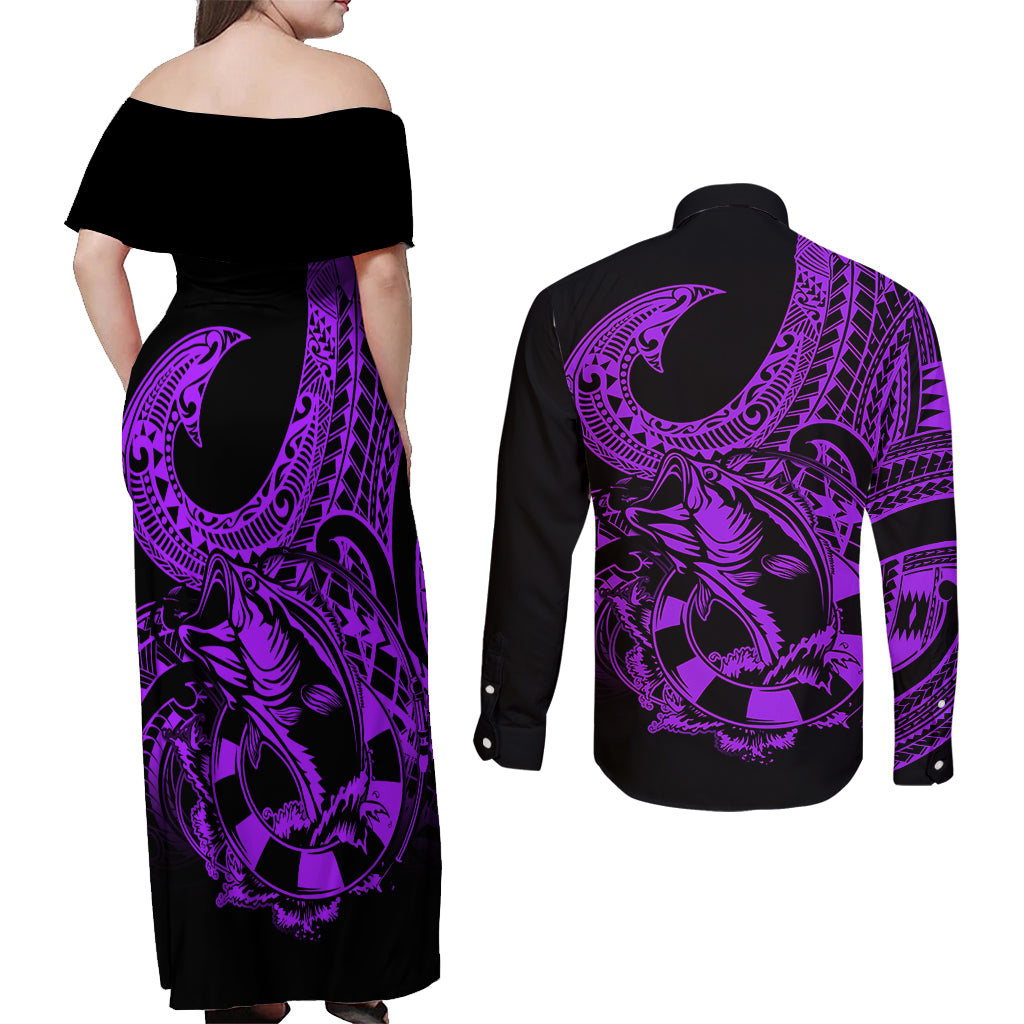 Polynesia Couples Matching Off Shoulder Maxi Dress and Long Sleeve Button Shirts Fish Hook Tattoo Go Fishing Polynesian Pattern Purple - Wonder Print Shop
