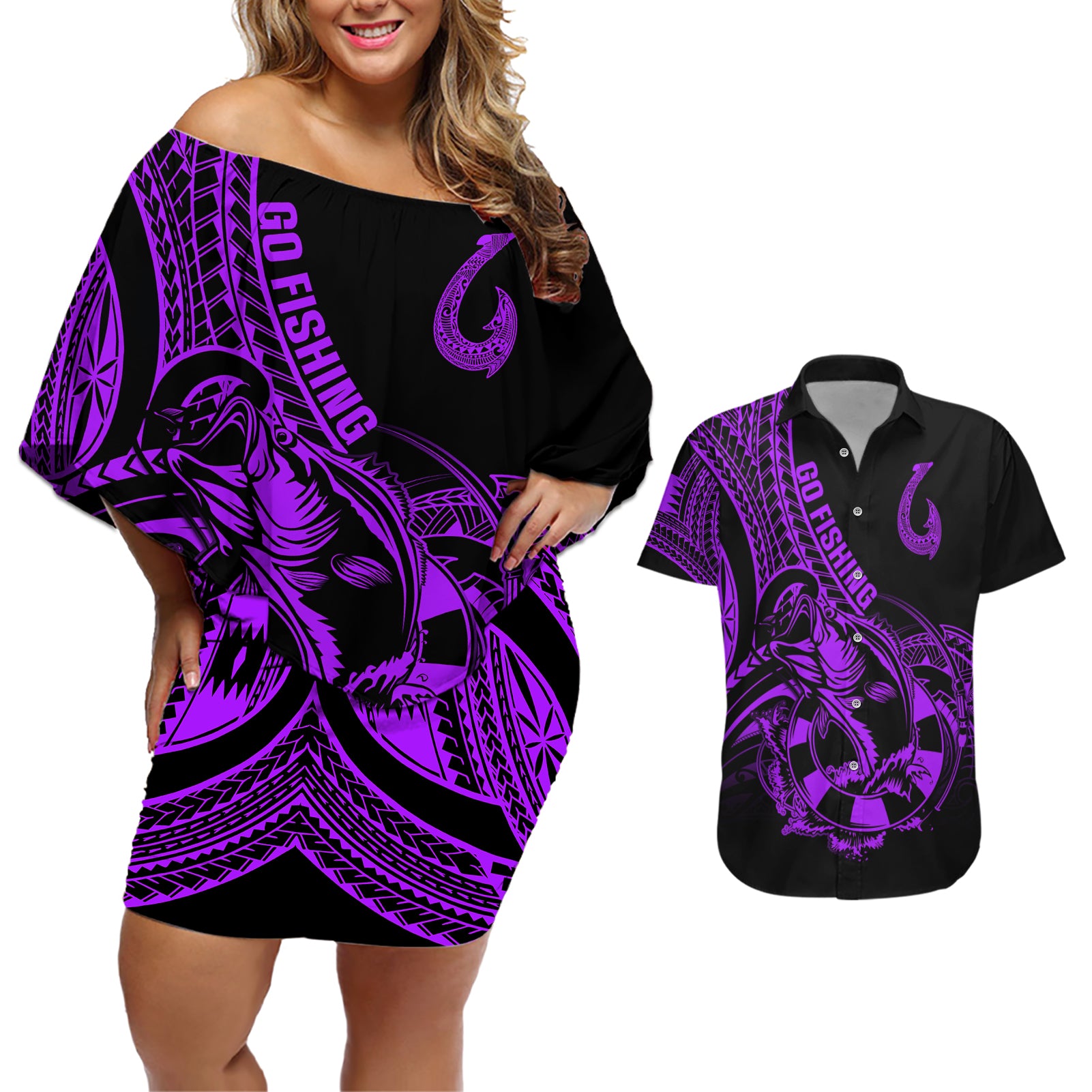 Polynesia Couples Matching Off Shoulder Short Dress and Hawaiian Shirt Fish Hook Tattoo Go Fishing Polynesian Pattern Purple - Wonder Print Shop