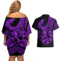Polynesia Couples Matching Off Shoulder Short Dress and Hawaiian Shirt Fish Hook Tattoo Go Fishing Polynesian Pattern Purple - Wonder Print Shop