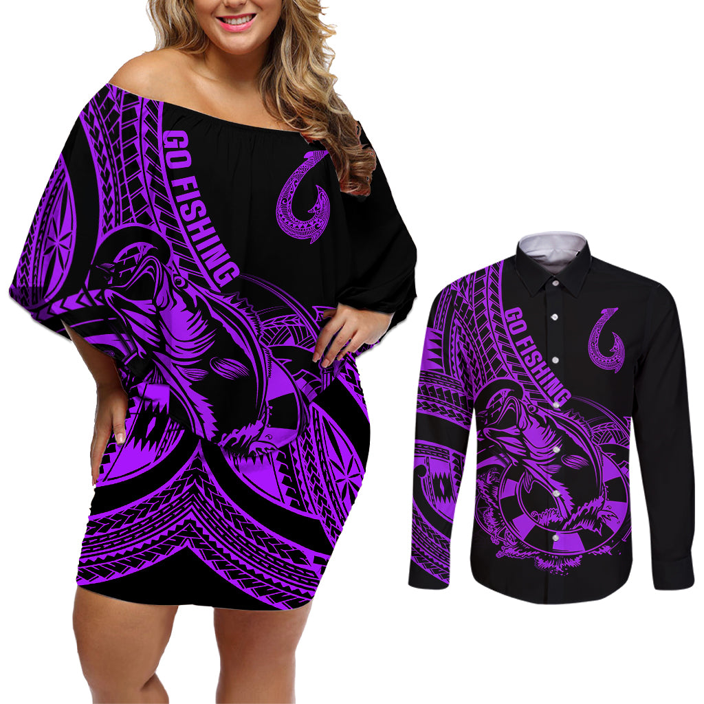 Polynesia Couples Matching Off Shoulder Short Dress and Long Sleeve Button Shirts Fish Hook Tattoo Go Fishing Polynesian Pattern Purple - Wonder Print Shop
