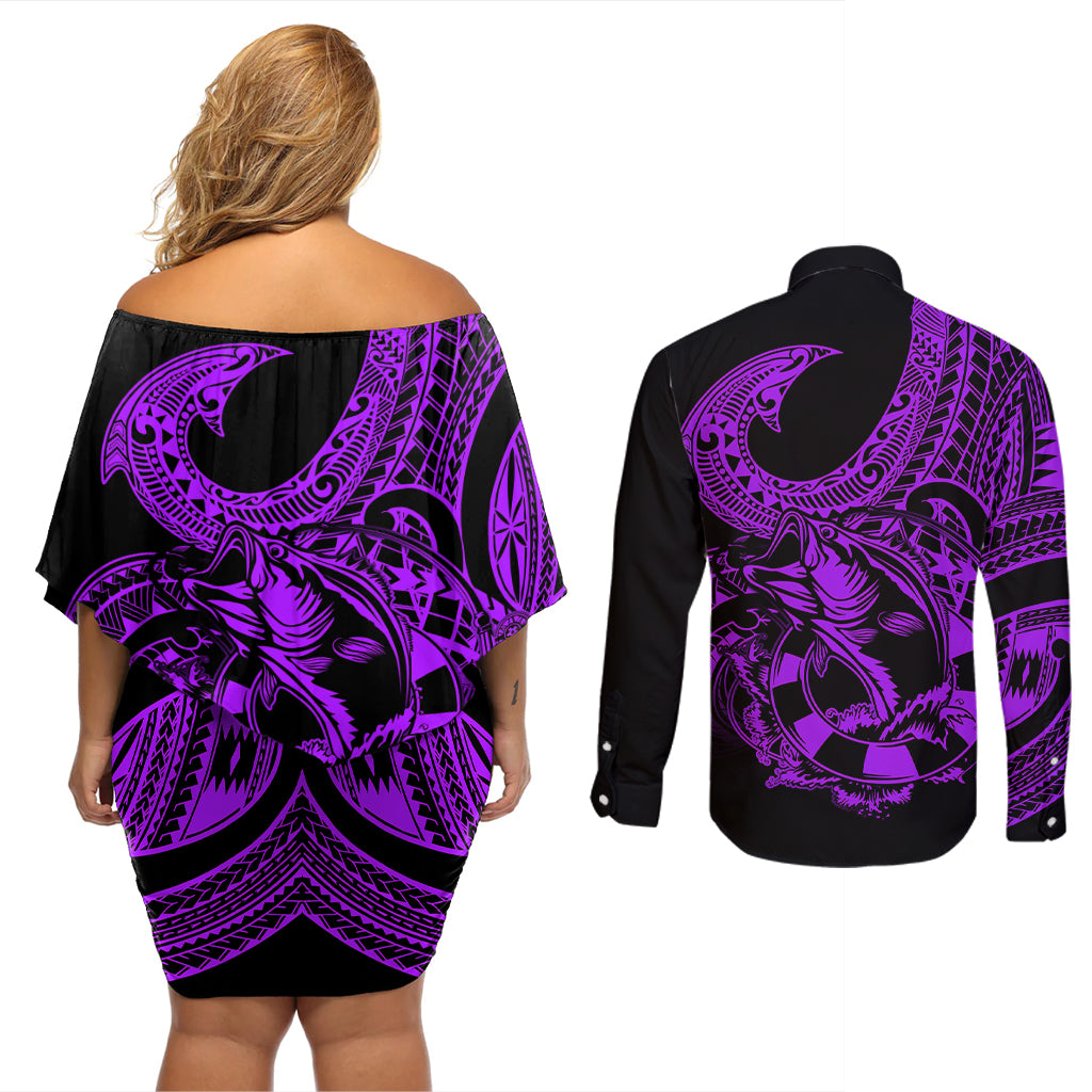 Polynesia Couples Matching Off Shoulder Short Dress and Long Sleeve Button Shirts Fish Hook Tattoo Go Fishing Polynesian Pattern Purple - Wonder Print Shop