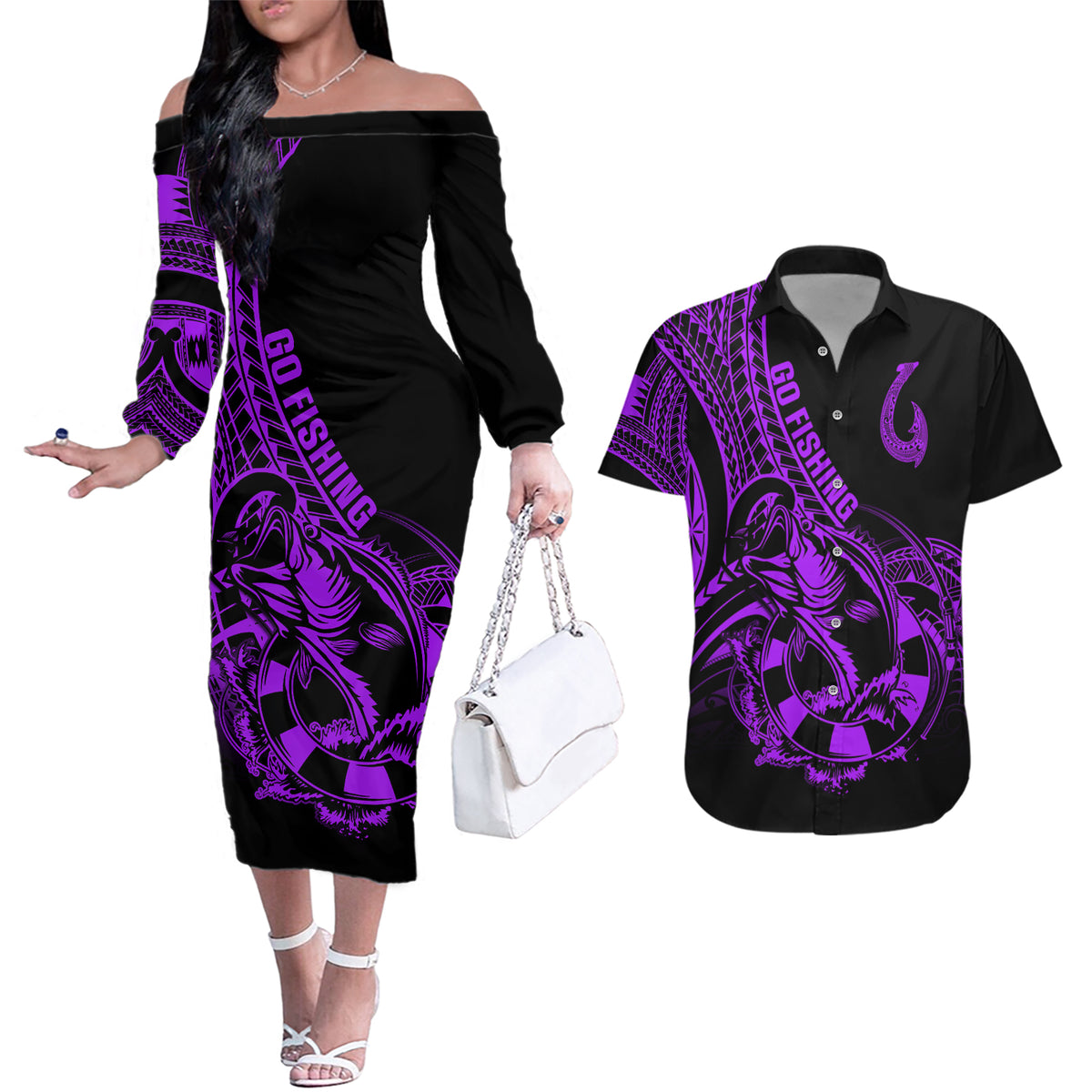 Polynesia Couples Matching Off The Shoulder Long Sleeve Dress and Hawaiian Shirt Fish Hook Tattoo Go Fishing Polynesian Pattern Purple - Wonder Print Shop