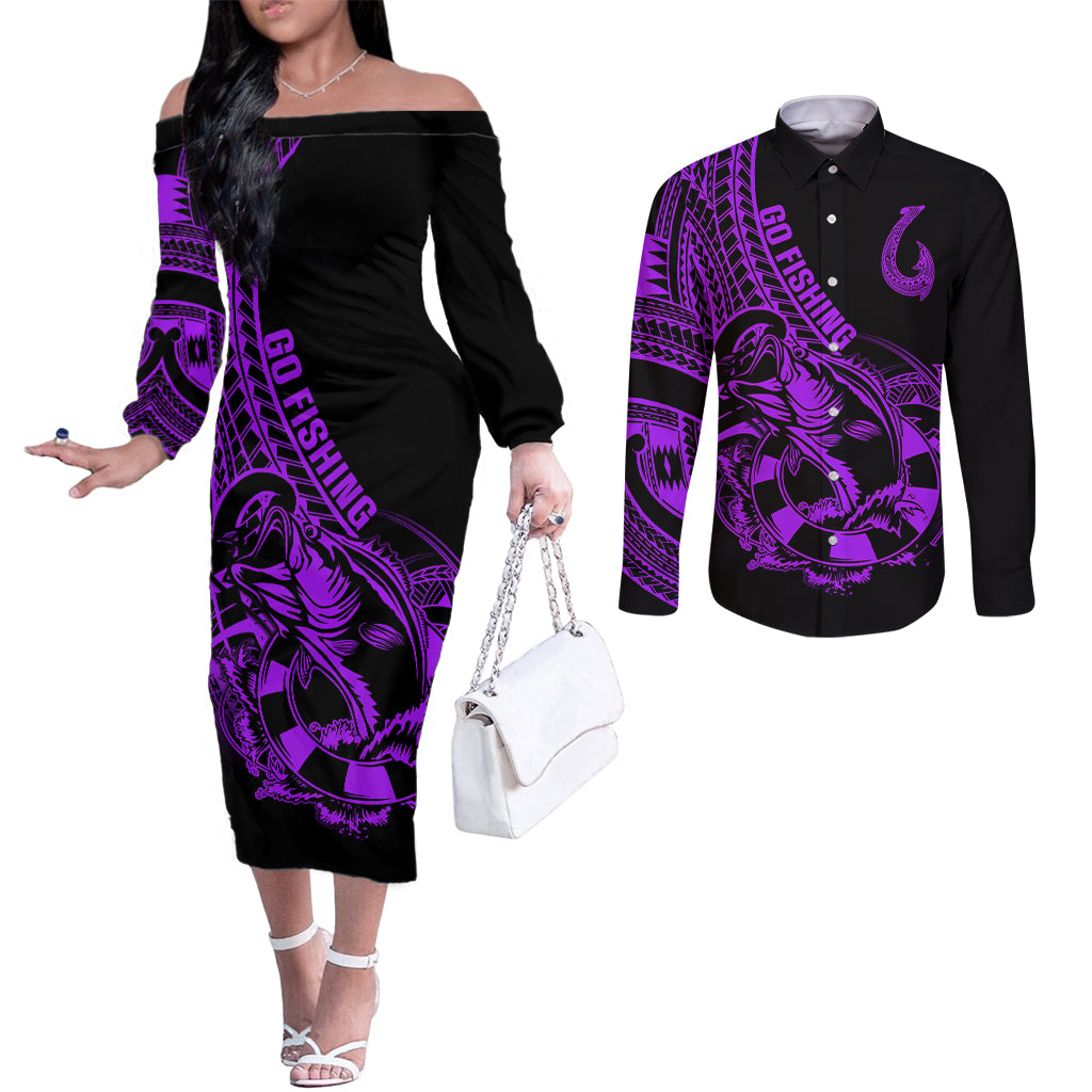 polynesia-couples-matching-off-the-shoulder-long-sleeve-dress-and-long-sleeve-button-shirts-fish-hook-tattoo-go-fishing-polynesian-pattern-purple