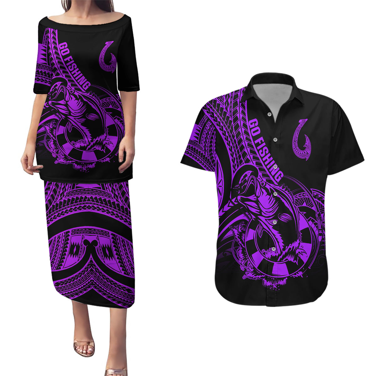 Polynesia Couples Matching Puletasi Dress and Hawaiian Shirt Fish Hook Tattoo Go Fishing Polynesian Pattern Purple - Wonder Print Shop