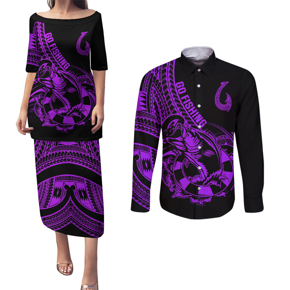 Polynesia Couples Matching Puletasi Dress and Long Sleeve Button Shirts Fish Hook Tattoo Go Fishing Polynesian Pattern Purple - Wonder Print Shop