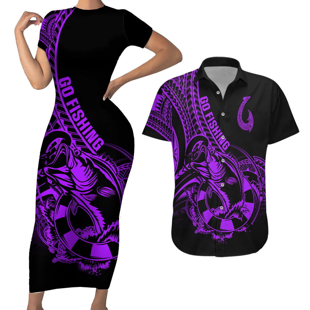 Polynesia Couples Matching Short Sleeve Bodycon Dress and Hawaiian Shirt Fish Hook Tattoo Go Fishing Polynesian Pattern Purple - Wonder Print Shop