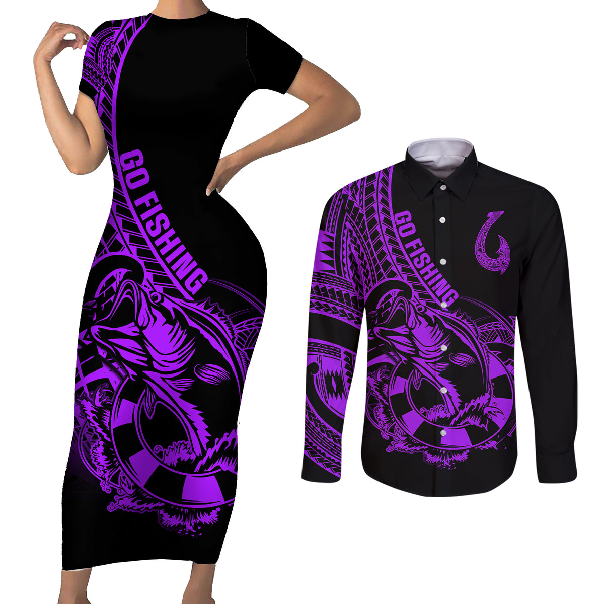 Polynesia Couples Matching Short Sleeve Bodycon Dress and Long Sleeve Button Shirts Fish Hook Tattoo Go Fishing Polynesian Pattern Purple - Wonder Print Shop