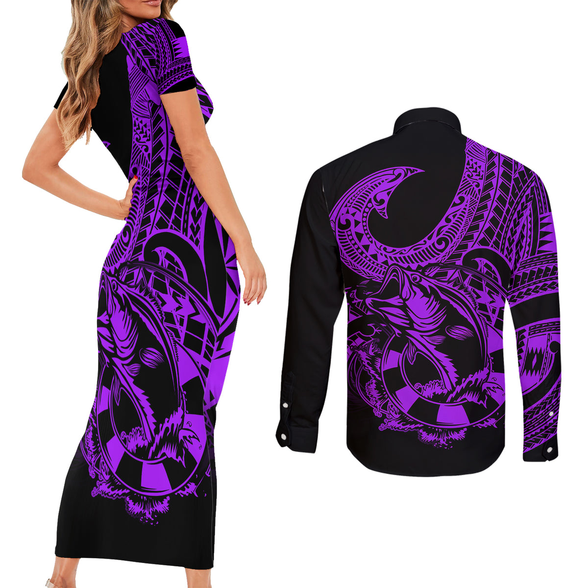 Polynesia Couples Matching Short Sleeve Bodycon Dress and Long Sleeve Button Shirts Fish Hook Tattoo Go Fishing Polynesian Pattern Purple - Wonder Print Shop