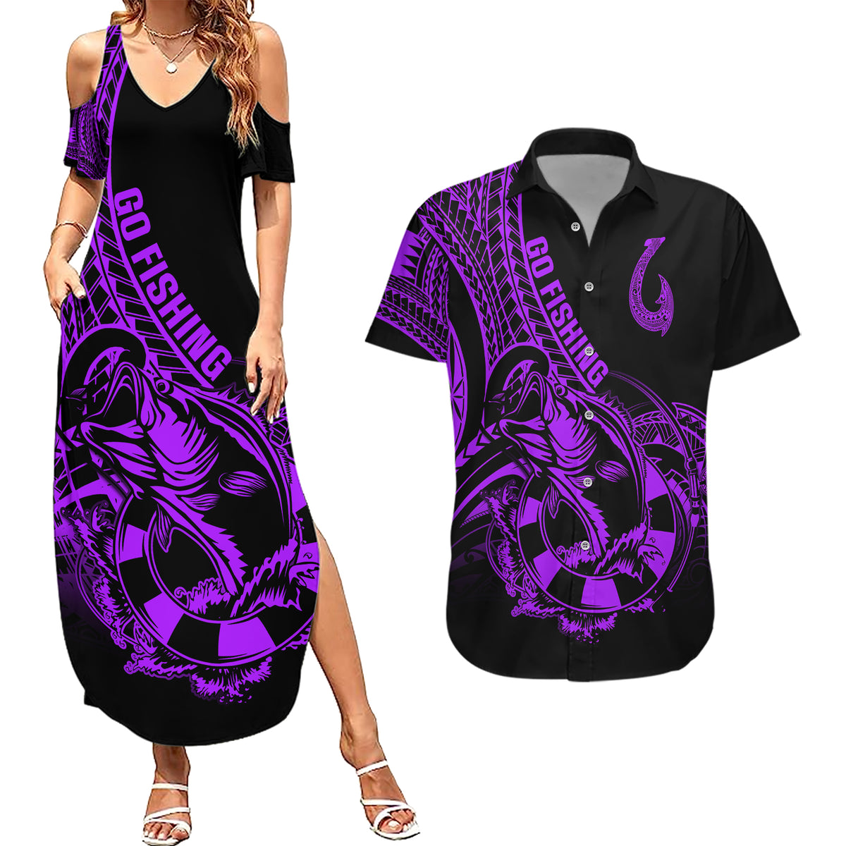 Polynesia Couples Matching Summer Maxi Dress and Hawaiian Shirt Fish Hook Tattoo Go Fishing Polynesian Pattern Purple - Wonder Print Shop