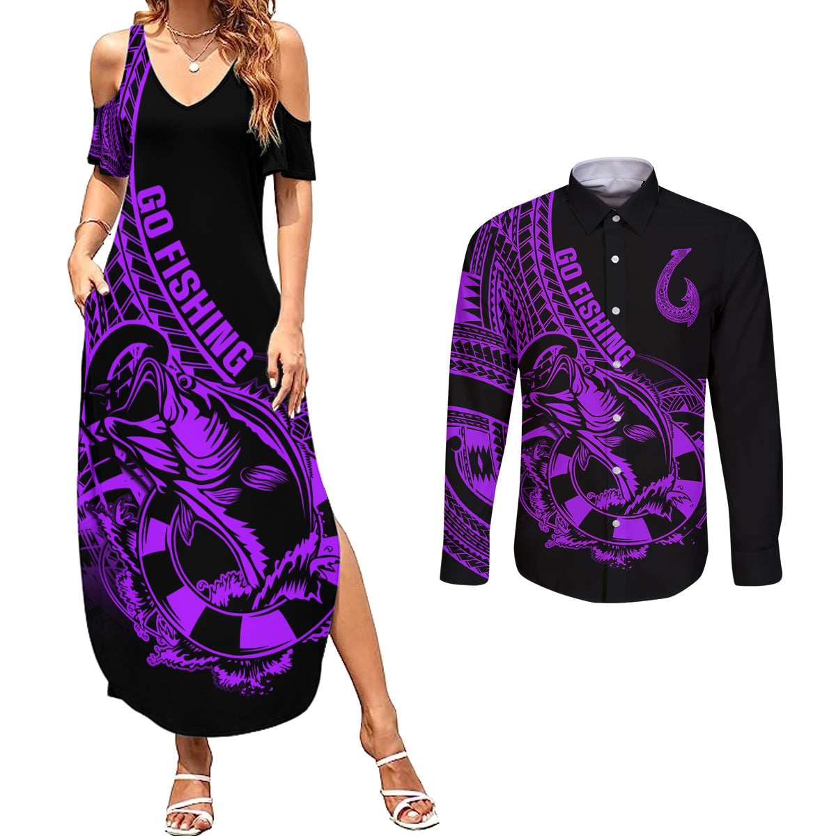 Polynesia Couples Matching Summer Maxi Dress and Long Sleeve Button Shirts Fish Hook Tattoo Go Fishing Polynesian Pattern Purple - Wonder Print Shop