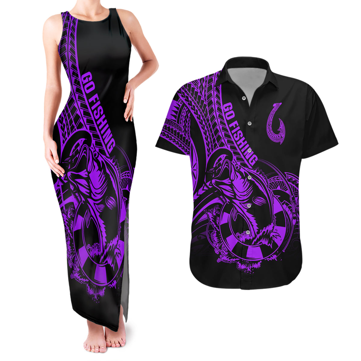 Polynesia Couples Matching Tank Maxi Dress and Hawaiian Shirt Fish Hook Tattoo Go Fishing Polynesian Pattern Purple - Wonder Print Shop