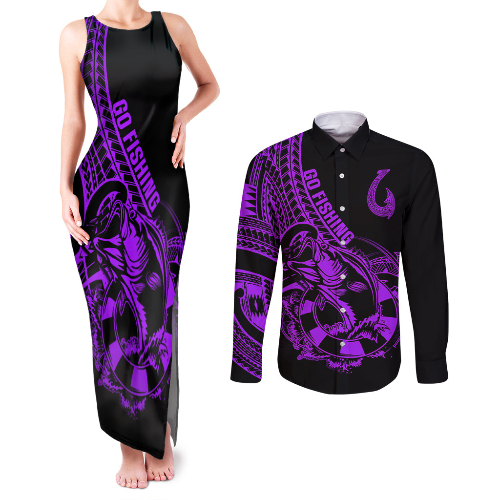 Polynesia Couples Matching Tank Maxi Dress and Long Sleeve Button Shirts Fish Hook Tattoo Go Fishing Polynesian Pattern Purple - Wonder Print Shop