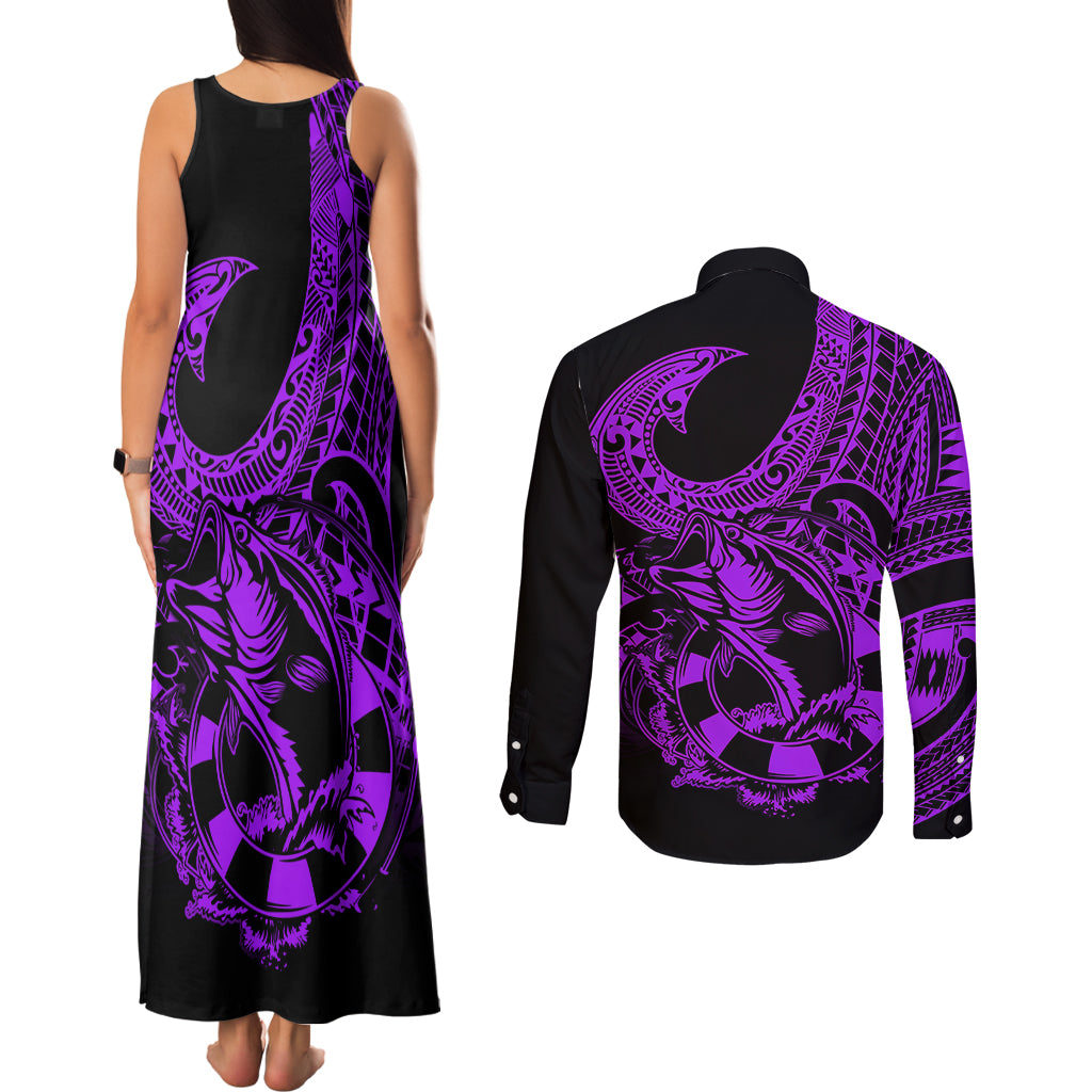 Polynesia Couples Matching Tank Maxi Dress and Long Sleeve Button Shirts Fish Hook Tattoo Go Fishing Polynesian Pattern Purple - Wonder Print Shop