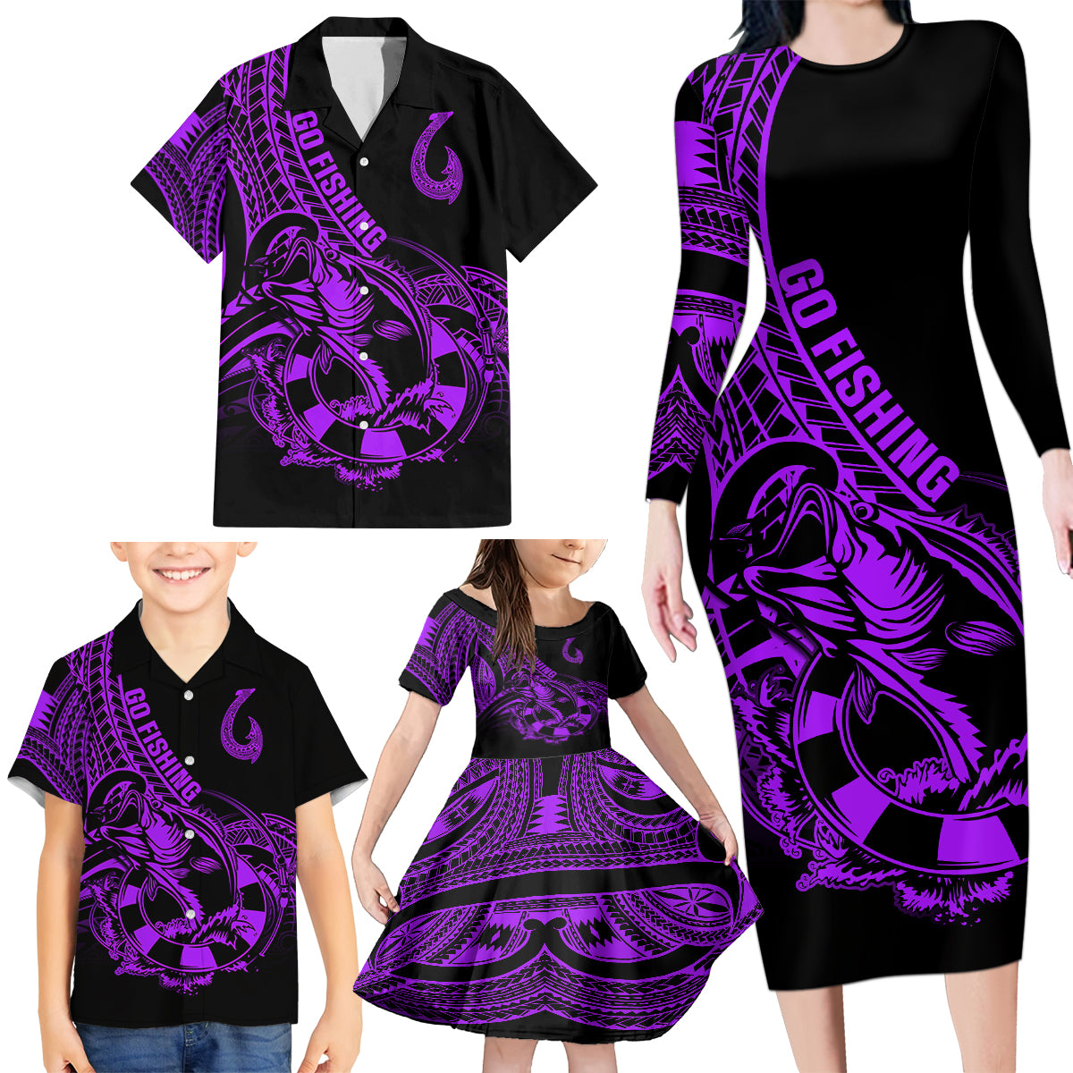 Polynesia Family Matching Long Sleeve Bodycon Dress and Hawaiian Shirt Fish Hook Tattoo Go Fishing Polynesian Pattern Purple - Wonder Print Shop