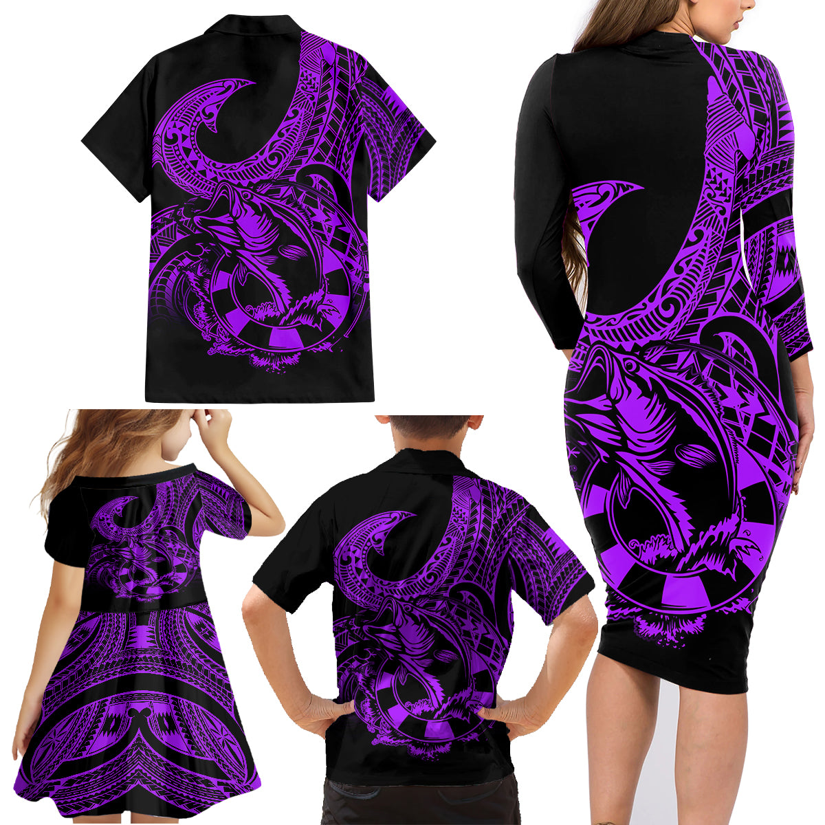 Polynesia Family Matching Long Sleeve Bodycon Dress and Hawaiian Shirt Fish Hook Tattoo Go Fishing Polynesian Pattern Purple - Wonder Print Shop