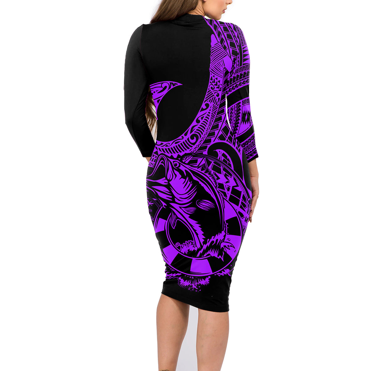 Polynesia Family Matching Long Sleeve Bodycon Dress and Hawaiian Shirt Fish Hook Tattoo Go Fishing Polynesian Pattern Purple - Wonder Print Shop