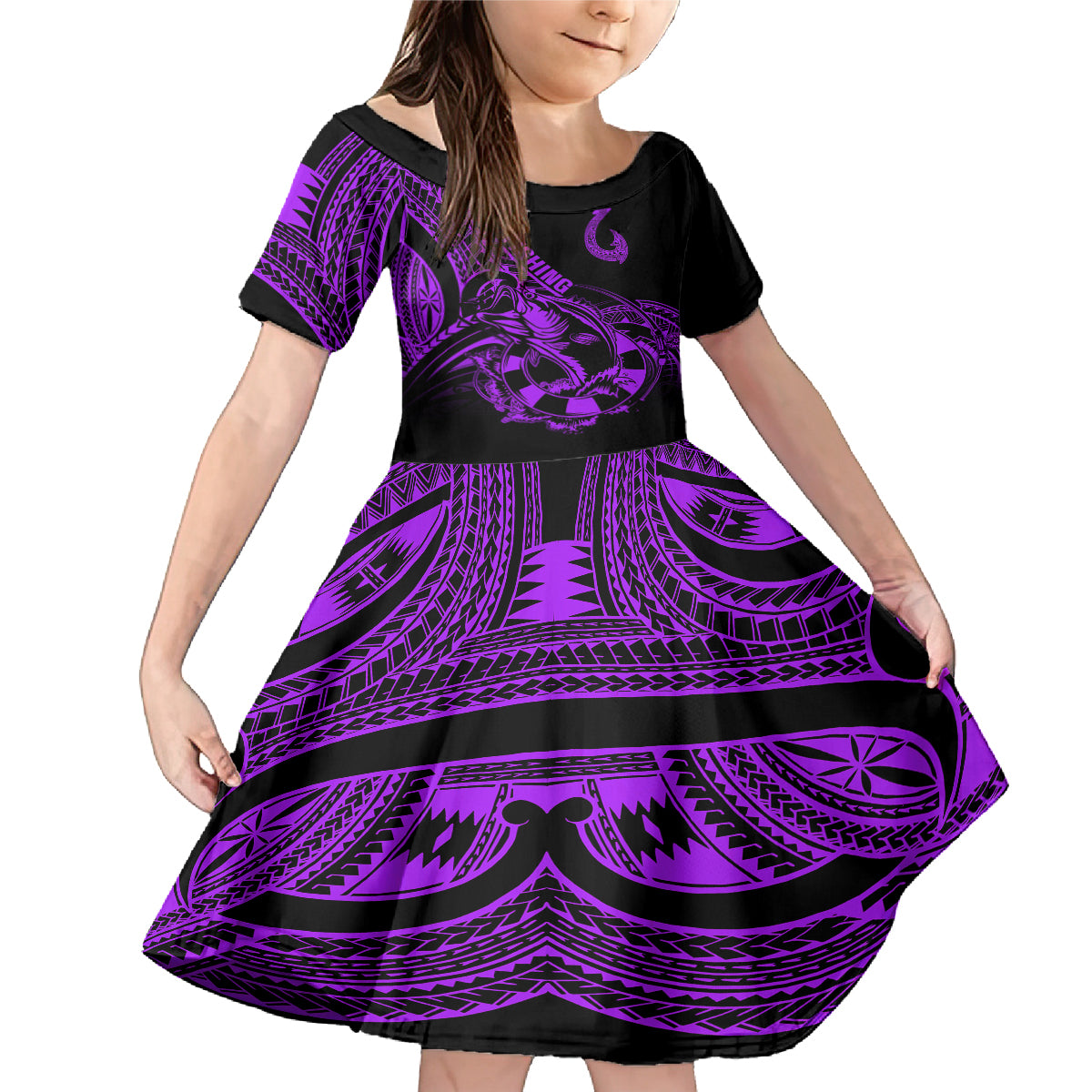 Polynesia Family Matching Mermaid Dress and Hawaiian Shirt Fish Hook Tattoo Go Fishing Polynesian Pattern Purple - Wonder Print Shop