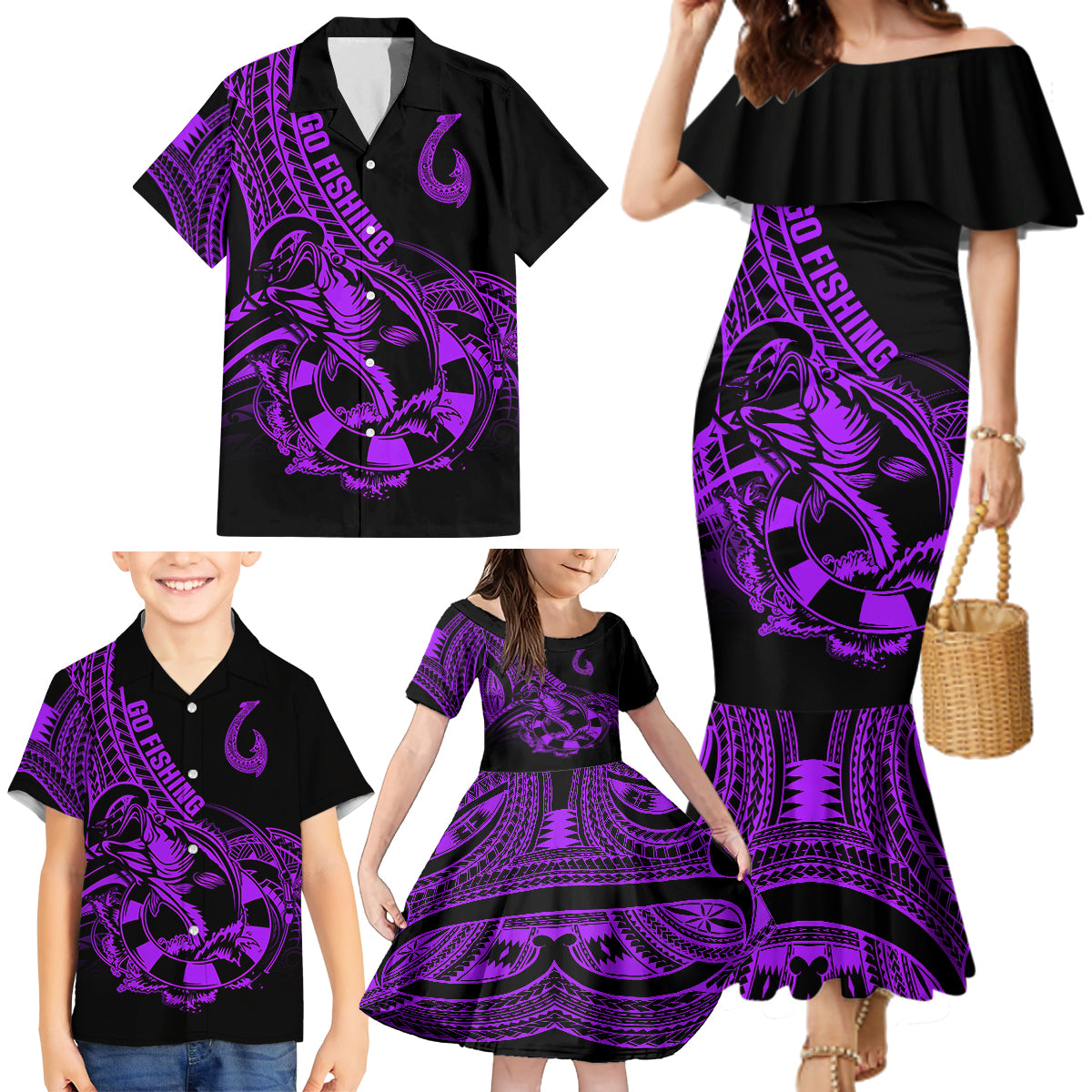 Polynesia Family Matching Mermaid Dress and Hawaiian Shirt Fish Hook Tattoo Go Fishing Polynesian Pattern Purple - Wonder Print Shop