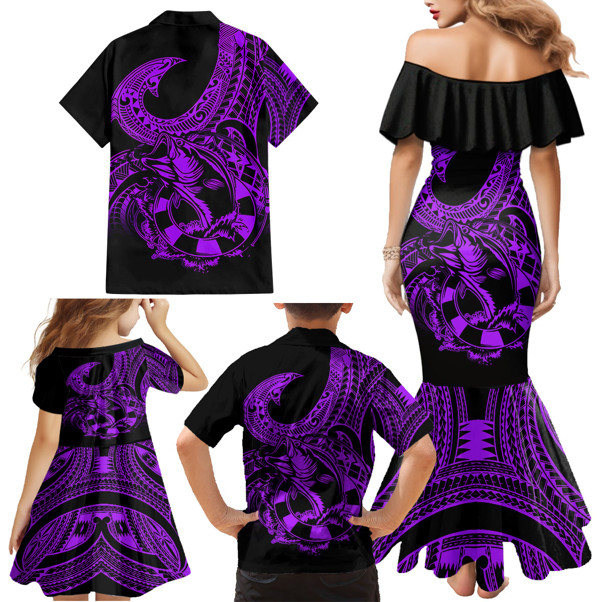 Polynesia Family Matching Mermaid Dress and Hawaiian Shirt Fish Hook Tattoo Go Fishing Polynesian Pattern Purple - Wonder Print Shop