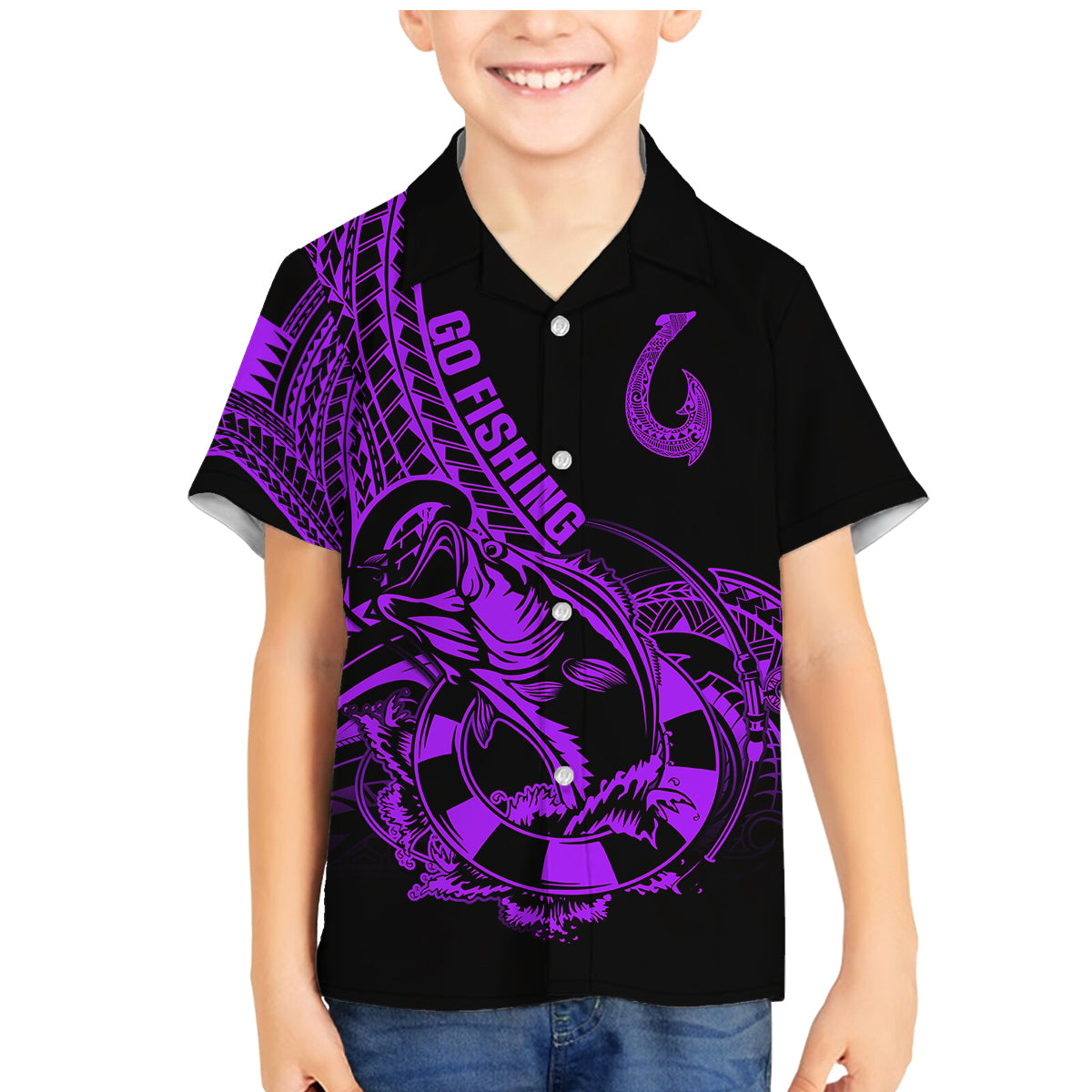 Polynesia Family Matching Mermaid Dress and Hawaiian Shirt Fish Hook Tattoo Go Fishing Polynesian Pattern Purple - Wonder Print Shop