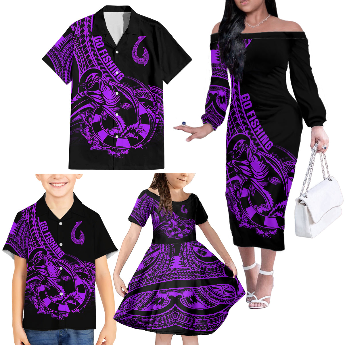 Polynesia Family Matching Off Shoulder Long Sleeve Dress and Hawaiian Shirt Fish Hook Tattoo Go Fishing Polynesian Pattern Purple - Wonder Print Shop