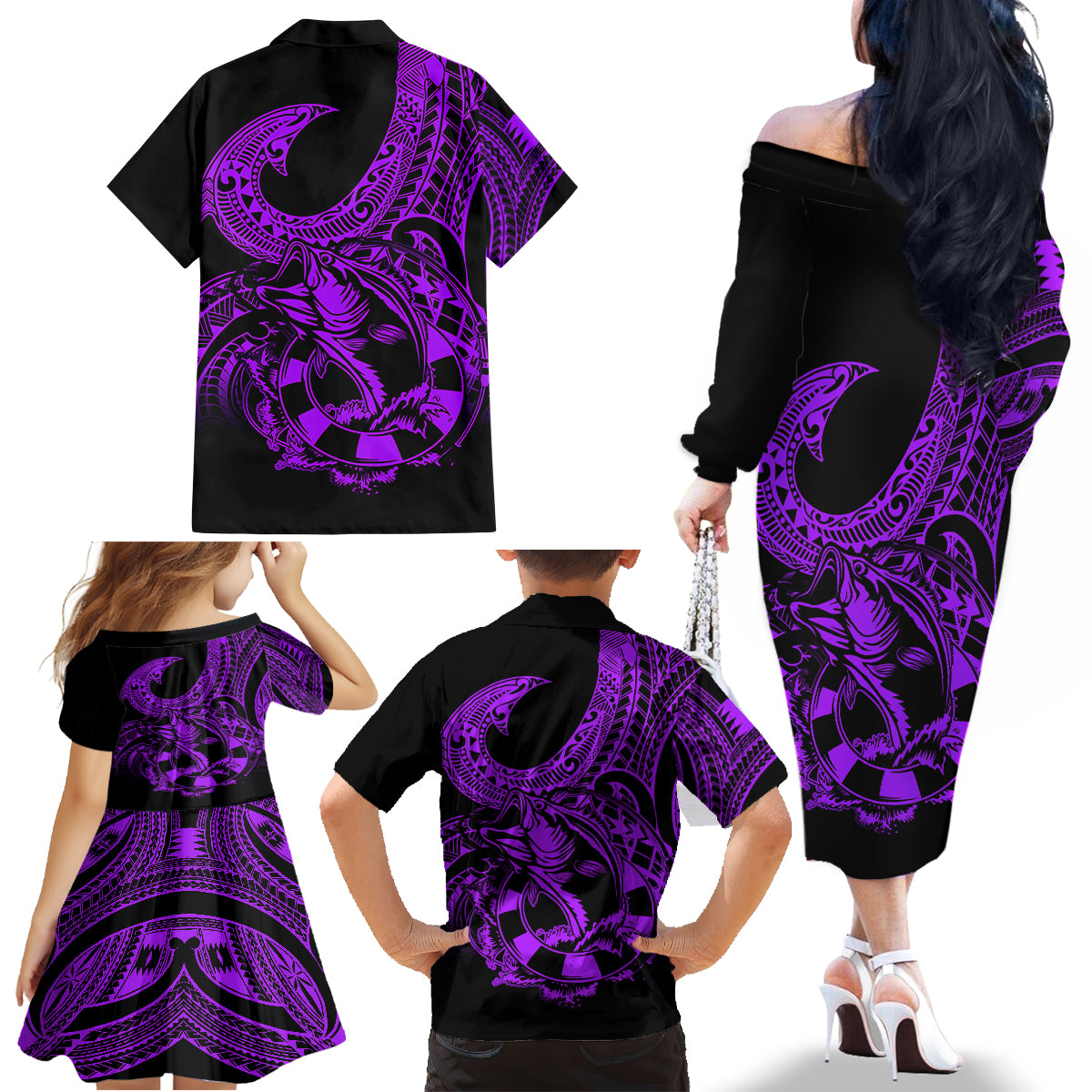 Polynesia Family Matching Off Shoulder Long Sleeve Dress and Hawaiian Shirt Fish Hook Tattoo Go Fishing Polynesian Pattern Purple - Wonder Print Shop