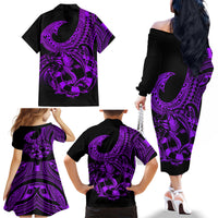 Polynesia Family Matching Off Shoulder Long Sleeve Dress and Hawaiian Shirt Fish Hook Tattoo Go Fishing Polynesian Pattern Purple - Wonder Print Shop