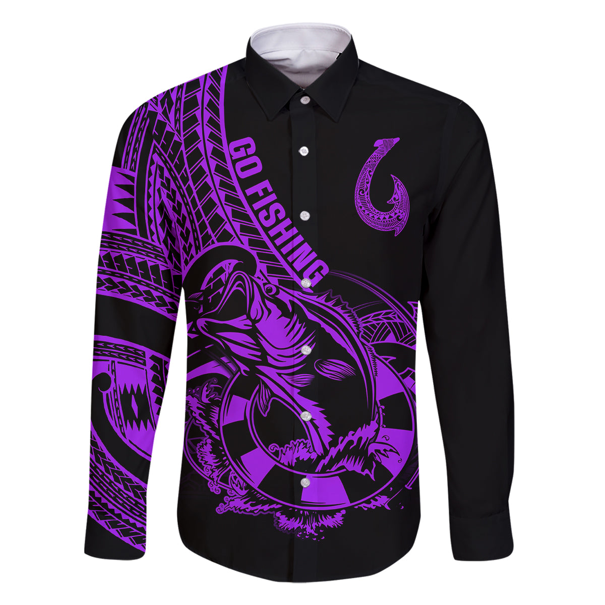 Polynesia Family Matching Off Shoulder Long Sleeve Dress and Hawaiian Shirt Fish Hook Tattoo Go Fishing Polynesian Pattern Purple - Wonder Print Shop