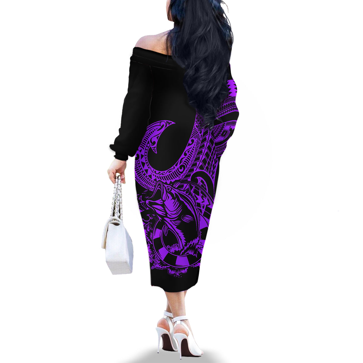 Polynesia Family Matching Off Shoulder Long Sleeve Dress and Hawaiian Shirt Fish Hook Tattoo Go Fishing Polynesian Pattern Purple - Wonder Print Shop