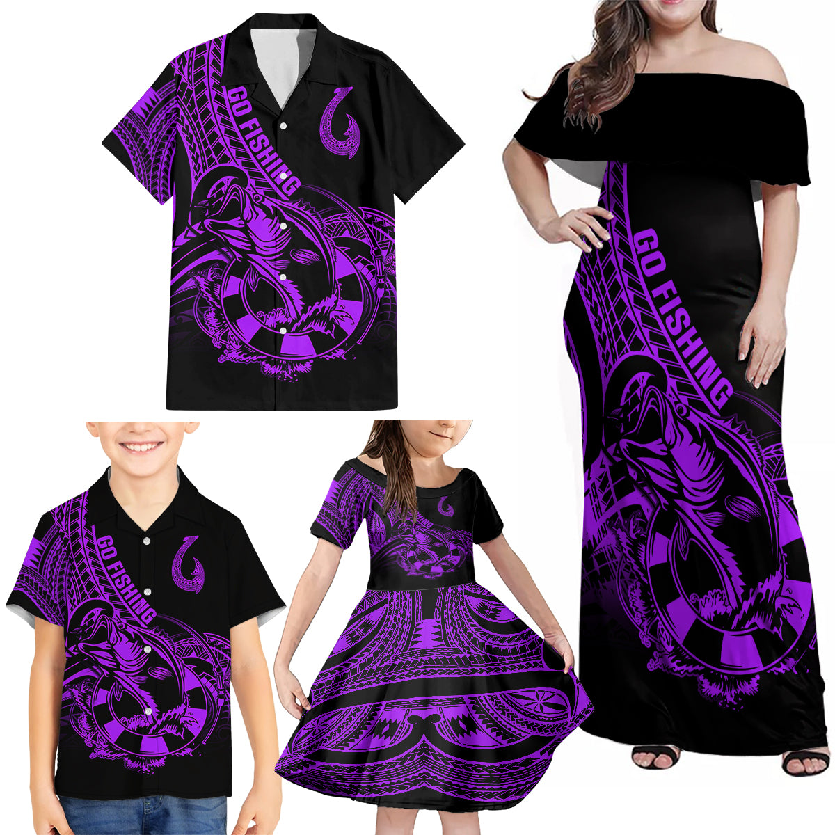 Polynesia Family Matching Off Shoulder Maxi Dress and Hawaiian Shirt Fish Hook Tattoo Go Fishing Polynesian Pattern Purple - Wonder Print Shop