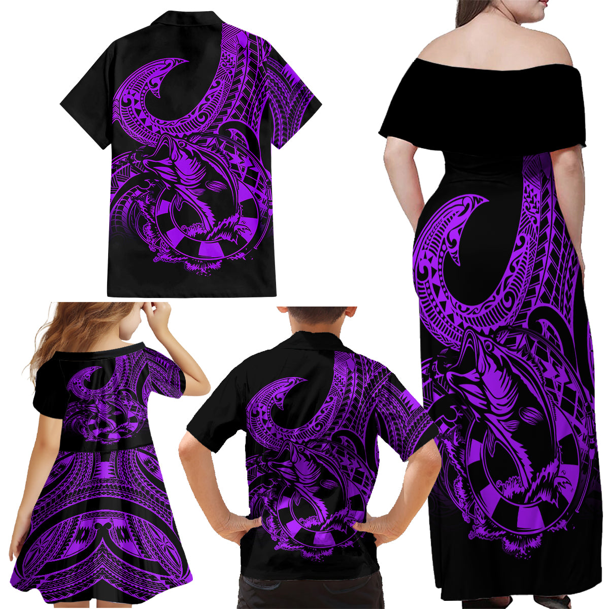 Polynesia Family Matching Off Shoulder Maxi Dress and Hawaiian Shirt Fish Hook Tattoo Go Fishing Polynesian Pattern Purple - Wonder Print Shop