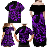 Polynesia Family Matching Off Shoulder Maxi Dress and Hawaiian Shirt Fish Hook Tattoo Go Fishing Polynesian Pattern Purple - Wonder Print Shop